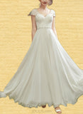 Diamond A-Line V-neck Floor-Length Chiffon Lace Wedding Dress With Beading Sequins UKP0017667