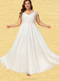 Diamond A-Line V-neck Floor-Length Chiffon Lace Wedding Dress With Beading Sequins UKP0017667