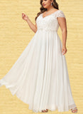 Diamond A-Line V-neck Floor-Length Chiffon Lace Wedding Dress With Beading Sequins UKP0017667