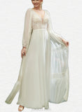 Iris A-Line V-neck Floor-Length Chiffon Lace Wedding Dress With Sequins UKP0017670