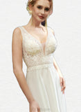 Iris A-Line V-neck Floor-Length Chiffon Lace Wedding Dress With Sequins UKP0017670