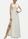 Iris A-Line V-neck Floor-Length Chiffon Lace Wedding Dress With Sequins UKP0017670