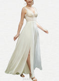 Iris A-Line V-neck Floor-Length Chiffon Lace Wedding Dress With Sequins UKP0017670