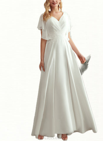 Gladys A-Line V-neck Floor-Length Chiffon Lace Wedding Dress UKP0017671