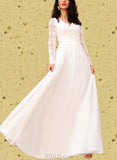 Cynthia A-Line V-neck Floor-Length Chiffon Lace Wedding Dress UKP0017676