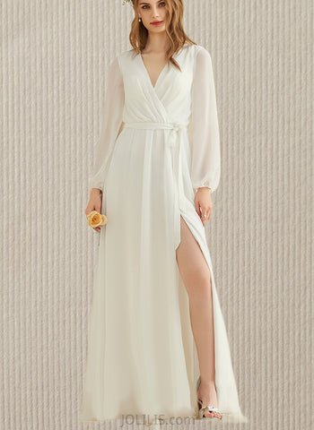 Emery A-Line V-neck Floor-Length Chiffon Wedding Dress UKP0017684