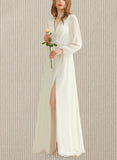 Emery A-Line V-neck Floor-Length Chiffon Wedding Dress UKP0017684