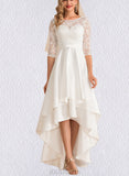 Jaycee A-Line Scoop Asymmetrical Satin Lace Wedding Dress UKP0017689