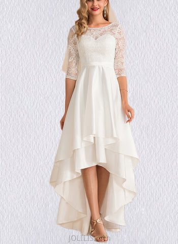 Jaycee A-Line Scoop Asymmetrical Satin Lace Wedding Dress UKP0017689