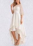 Jaycee A-Line Scoop Asymmetrical Satin Lace Wedding Dress UKP0017689