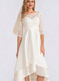 Jaycee A-Line Scoop Asymmetrical Satin Lace Wedding Dress UKP0017689