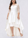 Jaycee A-Line Scoop Asymmetrical Satin Lace Wedding Dress UKP0017689