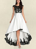 India A-Line Scoop Illusion Asymmetrical Satin Lace Wedding Dress UKP0017695