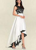 India A-Line Scoop Illusion Asymmetrical Satin Lace Wedding Dress UKP0017695