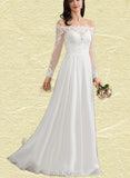 Laney A-Line Off-the-Shoulder Floor-Length Chiffon Lace Wedding Dress UKP0017697