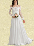 Laney A-Line Off-the-Shoulder Floor-Length Chiffon Lace Wedding Dress UKP0017697