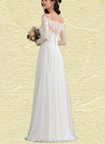 Laney A-Line Off-the-Shoulder Floor-Length Chiffon Lace Wedding Dress UKP0017697