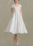 Nylah A-Line V-neck Tea-Length Satin Lace Wedding Dress With Ruffle UKP0017705