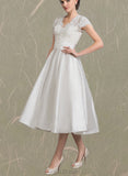 Nylah A-Line V-neck Tea-Length Satin Lace Wedding Dress With Ruffle UKP0017705