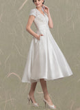 Nylah A-Line V-neck Tea-Length Satin Lace Wedding Dress With Ruffle UKP0017705