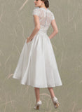 Nylah A-Line V-neck Tea-Length Satin Lace Wedding Dress With Ruffle UKP0017705