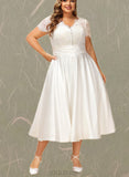 Nylah A-Line V-neck Tea-Length Satin Lace Wedding Dress With Ruffle UKP0017705