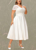 Nylah A-Line V-neck Tea-Length Satin Lace Wedding Dress With Ruffle UKP0017705