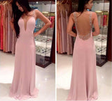 Pink Long Chiffon See Through Sexy V-Neck Sleeveless A-Line Yarn Prom Dresses JS18