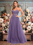 Samantha Ball-Gown/Princess V-Neck Floor-Length Tulle Prom Dresses With Sequins Appliques Lace JLP0025837