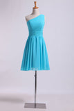 One Shoulder Bridesmaid Dresses A Line Knee Length Chiffon With Ruffle