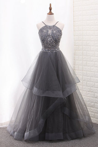 A Line Tulle Spaghetti Straps Two-Piece Prom Dresses With Beads