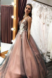 A Line V Neck Sleeveless Tulle Party Dress With Flowers, Gorgeous Prom Dress With Appliques