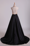 Open Back Halter Prom Dresses Beaded Bodice Satin Sweep Train