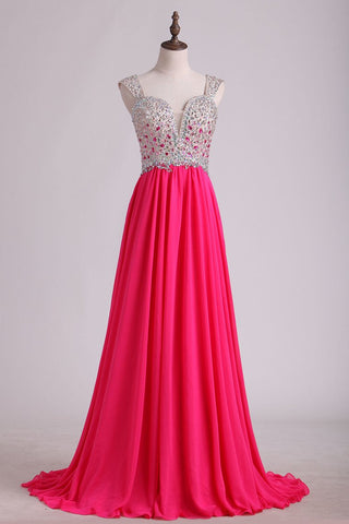 Prom Dresses A Line Sweetheart Chiffon Sweep Train With Beads And Rhinestones