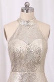 Prom Dresses High Neck Open Back Sequins A Line