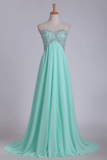 A Line Chiffon Sweetheart Open Back Beaded Bodice Prom Dresses