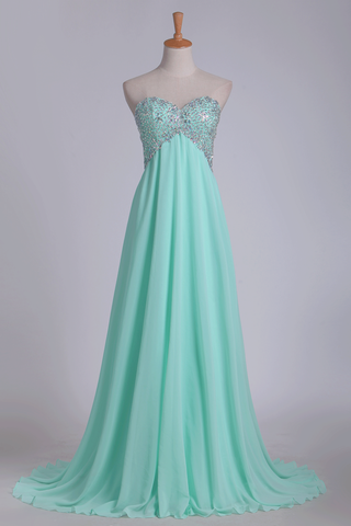 A Line Chiffon Sweetheart Open Back Beaded Bodice Prom Dresses