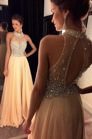 Champagne Chiffon Crystals Beaded Sleeveless A-line Open Back Halter Evening Dresses JS19