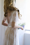 Elegant Lace V Neck Beach Wedding Dresses Short Sleeve Long Backless Wedding Gowns W1075