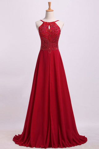 Prom Dresses Spaghetti Straps Beaded Bodice A-Line Chiffon