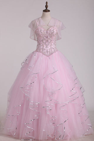 Spaghetti Strap Beaded Bodice Quinceanera Dresses Sweep Train Tulle