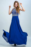 Halter A Line Princess Chiffon Dark Royal Blue Sweep Train Prom Dresses