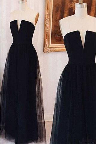 Strapless Black Long Tulle Prom Dresses Evening Dresses Prom Dresses JS704