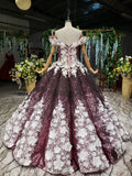 Ball Gown Off the Shoulder V Neck Satin Prom Dresses with Hand Made Flowers, Quinceanera Dress SJS15064