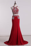 High Neck Two-Piece Prom Dresses Mermaid Spandex With Beading