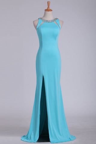 Sexy Open Back Scoop With Beads And Slit Prom Dresses Spandex Sheath