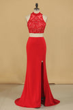 Two-Piece High Neck Spandex Prom Dresses Sheath With Beads And Applique Open Back