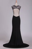 Spandex Scoop With Beads And Slit Open Back Sheath Prom Dresses Sweep Train