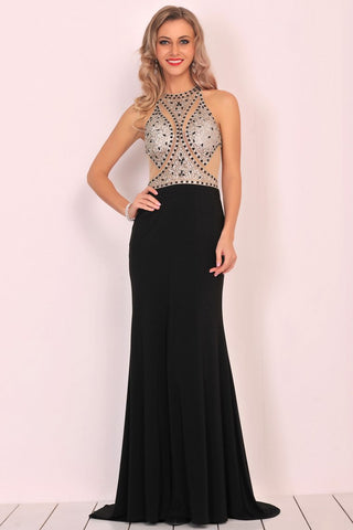 Mermaid Scoop Spandex Prom Dresses With Beads&Rhinestones