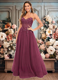 Samantha Ball-Gown/Princess V-Neck Floor-Length Tulle Prom Dresses With Sequins Appliques Lace JLP0025837